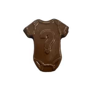 chocolate baby onesie with question mark on front
