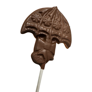 chocolate umbrella with bow around handle on lollipop stick