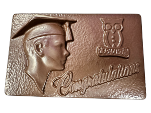 Congratulations with bust of graduate with short hair and owl with graduation diploma