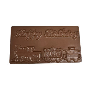 happy birthday on chocolate card with cartoon train