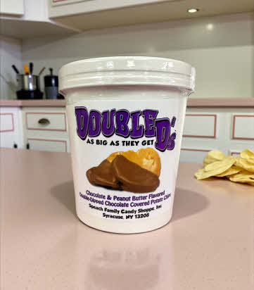 small container of double d potato chips on kitchen counter with potato chips