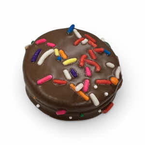 Chocolate Covered Cream Filled Cookie with rainbow jimmie sprinkles