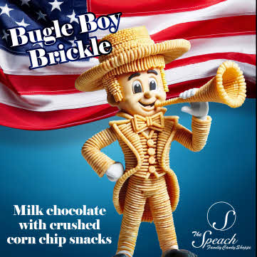 Bugle Boy Brickle Label - bugle boy character made out of corn chip snack with a waving American flag in the background