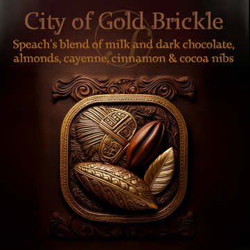 City of Gold Brickle Label - Gold embellished aztec carving of cocoa pod on dark brown background