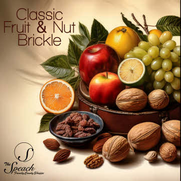 Classic Fruit & Nut Brickle label - bowl of various fruits and nuts on a cream background