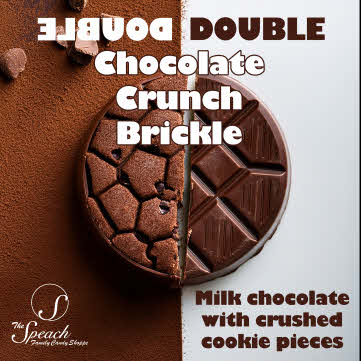 Double Chocolate Crunch Brickle label - 1/2 cookie on a background of cocoa powder and a round chocolate bar on white background