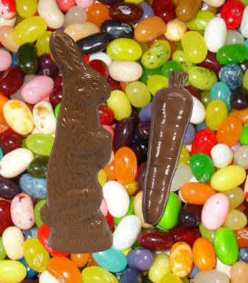 Chocolate bunny, carrot lollipop and jelly beans