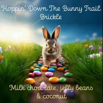 label for Hoppin' Down The Bunny Trail Brickle - Bunny in the grass surrounded by jelly beans
