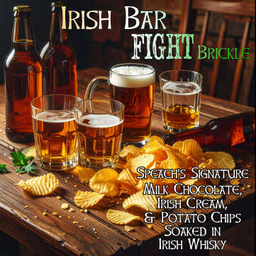 Irish Bar Fight Brickle Label - table filled with beer glasses, potato chips and beer bottles