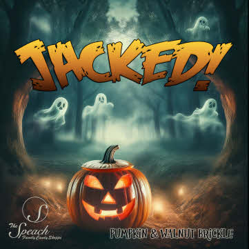 Jacked Brickle label - glowing jack o lantern in a dark forest with ghosts in the background