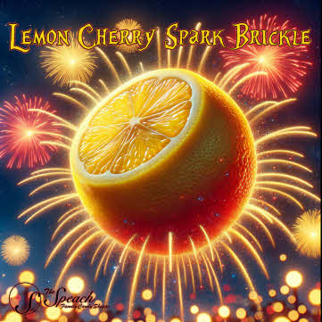 Lemon Cherry Spark Brickle label with firework display in yellow and red with large lemon in the sky