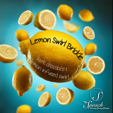 Lemon Swirl Brickle Label - cut and whole lemons floating on a turquiose background