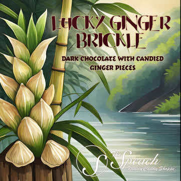 Lucky Ginger Brickle label - watercolor drawing of river and bamboo trees