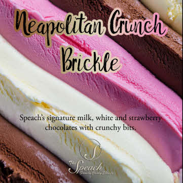 Neapolitan Crunch Brickle label for product depicting chocolate vanilla and strawberry ice cream