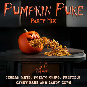 Pumpkin Puke Party Mix Label - jack-o-lantern on a back table vomiting cereal, pretzel party mix
