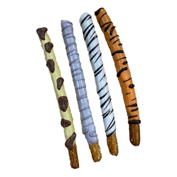 Pretzel Rods - decorated in chocolate as a giraffe, an elephant, a zebra and a tigar