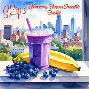 Label for SKip's Blueberry Banana Smoothie Brickle watercolor painting of smoothie on window sill overlooking the city with banana and blueberries