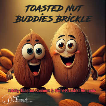 Toasted Nut Buddies Brickle label - cartoon coconut and almond surrounded by almonds